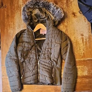Olive Green Puffer Jacket with Faux Fur Hood